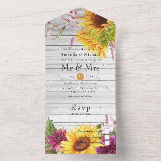Rustikale Sonnenblumen-Hochzeit in einer I All In One Einladung (Innen Boden)