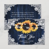Rustikale Sonnenblumen-Hochzeit mit blauer Spitze Dankeskarte (Vorne/Hinten)