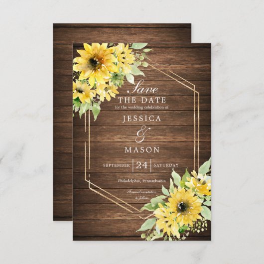 Rustikale Sonnenblumen-Hochzeit retten das Datum Einladung (Vorne/Hinten)