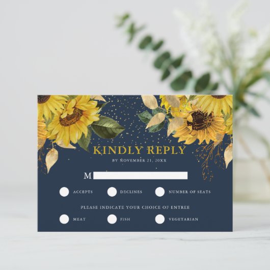 Rustikale Sonnenblumen Hochzeit RSVP mit Speisekar (Stehend Vorderseite)