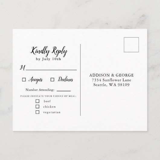 Rustikale Sonnenblumen Hochzeit RSVP mit Speisekar Einladungspostkarte (Rückseite)