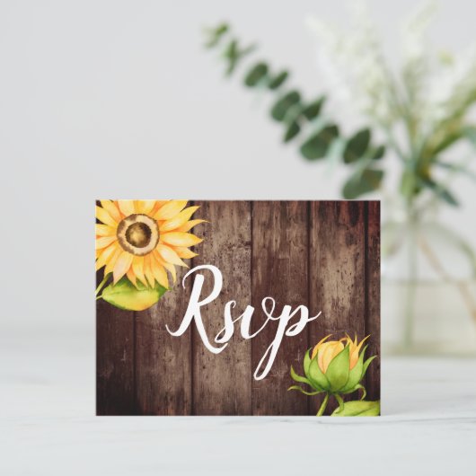 Rustikale Sonnenblumen Hochzeit RSVP mit Speisekar Einladungspostkarte (Stehend Vorderseite)