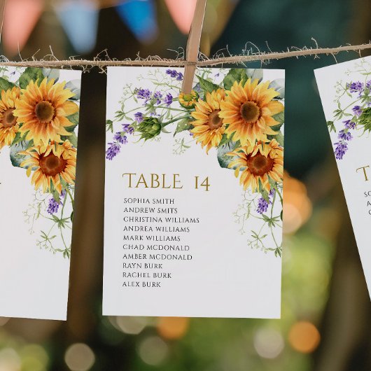 Rustikale Sonnenblumen-Hochzeit Sitzordnung Karten
