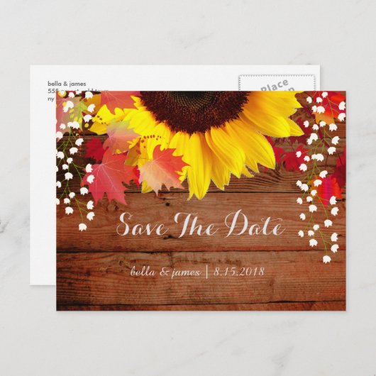 Rustikale Sonnenblumen-Hochzeit speichert die Datu Ankündigungspostkarte (Vorne/Hinten)