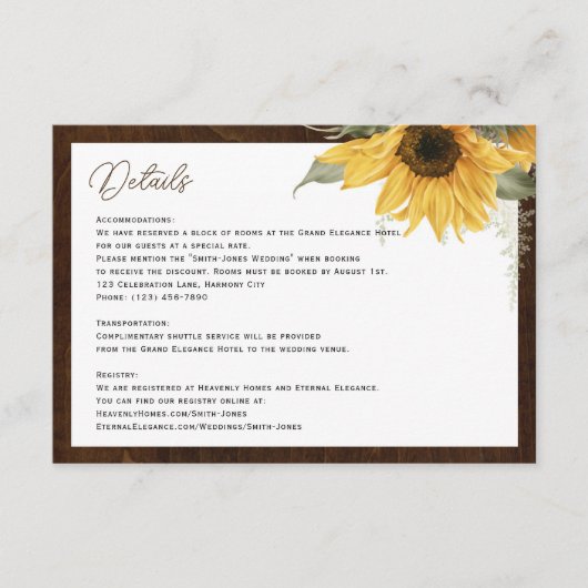 Rustikale Sonnenblumen Hochzeitsdetails Umschließu Begleitkarte (Vorderseite)
