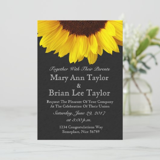 Rustikale Sonnenblumen Hochzeitsfeiern Schwarzer B Einladung (Stehend Vorderseite)