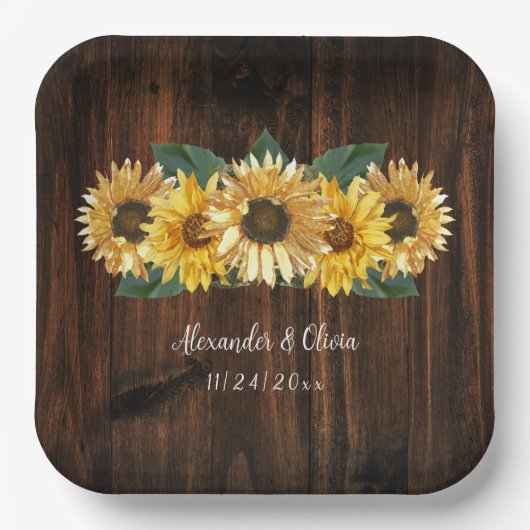 Rustikale Sonnenblumen Hochzeitspapier-Teller Pappteller (Vorderseite)