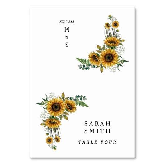 Rustikale Sonnenblumen-Hochzeitsplatzkarten Tischnummer (Vorderseite)