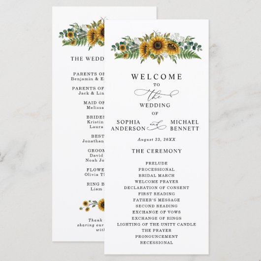 Rustikale Sonnenblumen-Hochzeitsprogramm Programm (Vorne/Hinten)