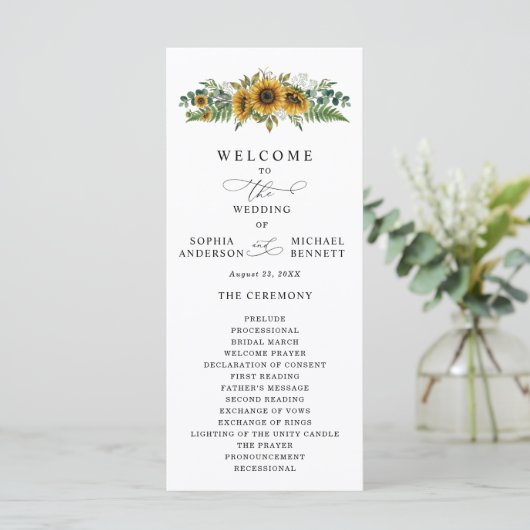 Rustikale Sonnenblumen-Hochzeitsprogramm Programm (Stehend Vorderseite)