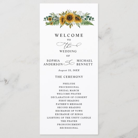 Rustikale Sonnenblumen-Hochzeitsprogramm Programm (Vorderseite)