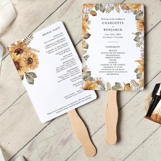 Rustikale Sonnenblumen-Hochzeitsprogramme Fächer