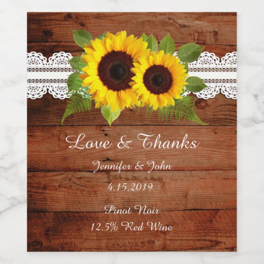 Rustikale Sonnenblumen Hochzeitssammlung Weinsiege Weinetikett (Einzelnes Label)