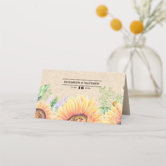 Rustikale Sonnenblumen Hochzeitstische Platzkarten (Rückseite)