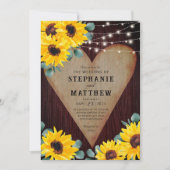 Rustikale Sonnenblumen Holz Herz-String Lichter Einladung (Vorderseite)