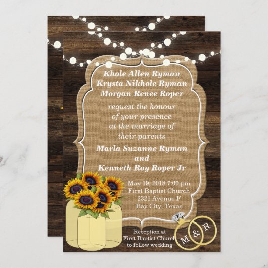 Rustikale Sonnenblumen Holzleuchten Einladung Hoch (Vorne/Hinten)