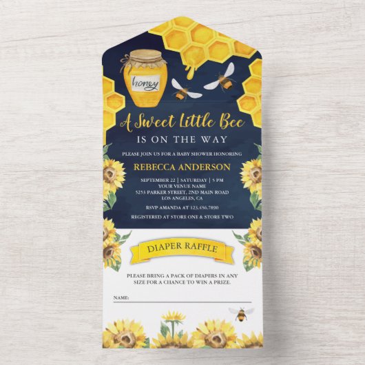 Rustikale Sonnenblumen Honey Bee Navy Blue Baby Du All In One Einladung (Innen Boden)