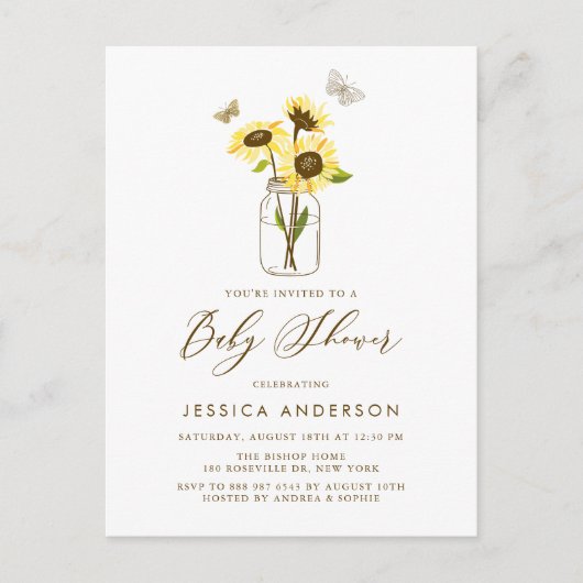 Rustikale Sonnenblumen in Mason Jar Babydusche Einladungspostkarte (Vorderseite)