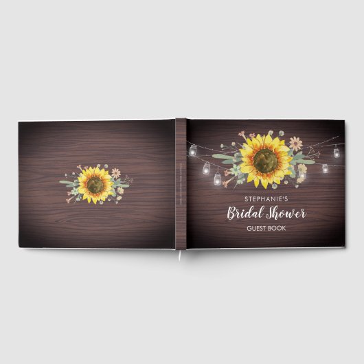 Rustikale Sonnenblumen Jar Lights Wood Brautparty Gästebuch (Voll)