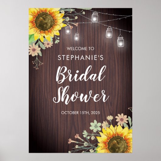 Rustikale Sonnenblumen Jar Lights Wood Brautparty Poster (Vorne)