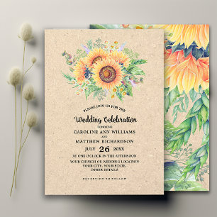 Rustikale Sonnenblumen-Kraftpapier Hochzeit Einladung