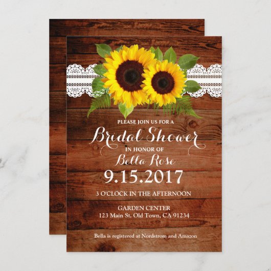 Rustikale Sonnenblumen Lace Wood Brautparty lädt e Einladung (Vorne/Hinten)
