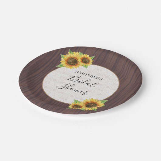 Rustikale Sonnenblumen Lace Wood Brautparty Pappteller (Schrägansicht)