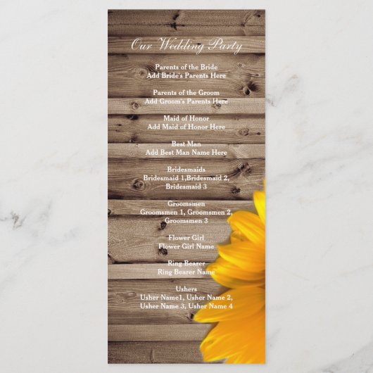 rustikale Sonnenblumen Land Hochzeitsprogramme Programm (Rückseite)