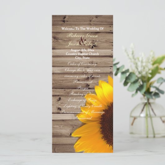 rustikale Sonnenblumen Land Hochzeitsprogramme Programm (Stehend Vorderseite)