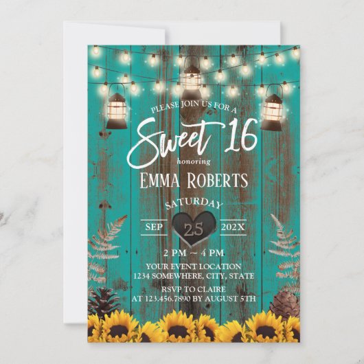 Rustikale Sonnenblumen & Lanterns Aquamarin Stall  Einladung (Vorderseite)