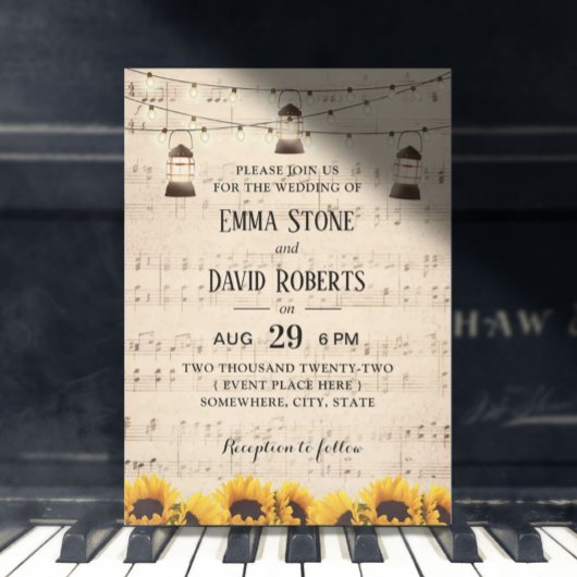Rustikale Sonnenblumen & Lanterns Musikhochzeit Einladung