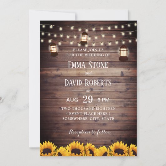 Rustikale Sonnenblumen Laterne & Streichellichter  Einladung (Vorderseite)
