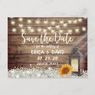 Rustikale Sonnenblumen-Laternen-Hochzeit Save the Ankündigungspostkarte