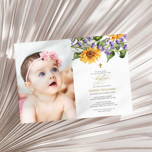 Rustikale Sonnenblumen & Lavander Foto Taufe Einladung