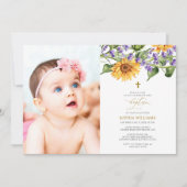 Rustikale Sonnenblumen & Lavander Foto Taufe Einladung (Vorderseite)