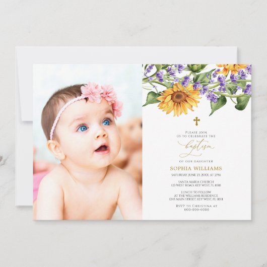 Rustikale Sonnenblumen & Lavander Foto Taufe Einladung (Vorderseite)