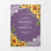 Rustikale Sonnenblumen Lavender Wood QR Code Hochz Dreifach Gefaltete Einladung (Cover)