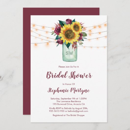 Rustikale Sonnenblumen Leuchten Mason Jar Brautpar Einladung (Vorne/Hinten)