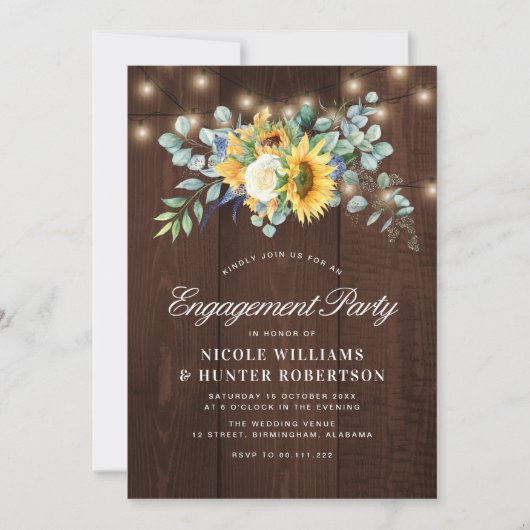 Rustikale Sonnenblumen-Leuchtenbindungsparty Einladung (Vorderseite)