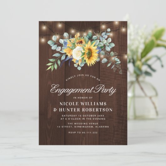 Rustikale Sonnenblumen-Leuchtenbindungsparty Einladung (Stehend Vorderseite)
