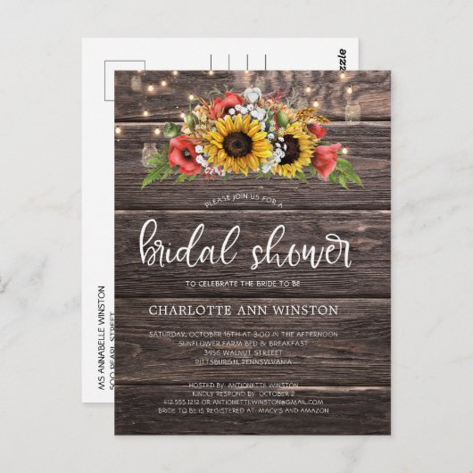 Rustikale Sonnenblumen Licht Bridal Dusche Einladu Postkarte (Vorne/Hinten)