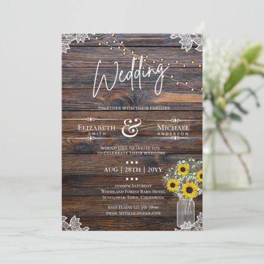 Rustikale Sonnenblumen Lichter Einladung Weddin (Stehend Vorderseite)