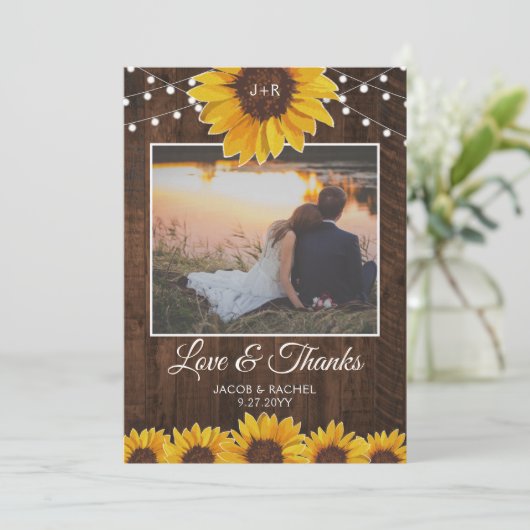 Rustikale Sonnenblumen Lichter Hochzeit Danke Kart (Stehend Vorderseite)
