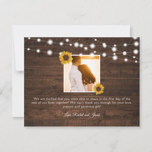 Rustikale Sonnenblumen Lichter Hochzeit Danke Kart Ankündigung (Rückseite)