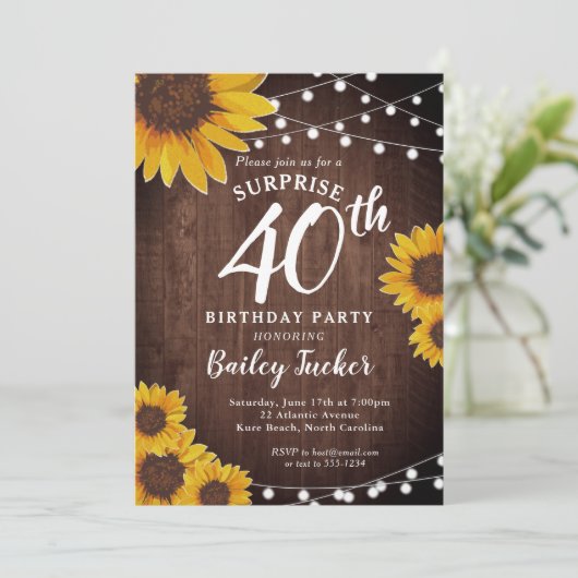 Rustikale Sonnenblumen & Lichter Überraschung 40. Einladung (Stehend Vorderseite)