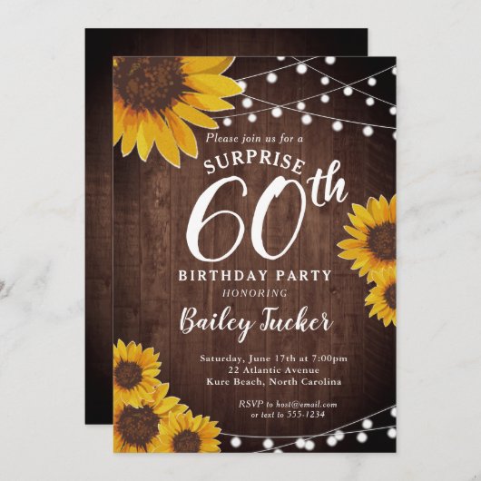Rustikale Sonnenblumen & Lichter Überraschung 60. Einladung (Vorne/Hinten)