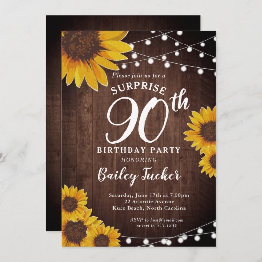 Rustikale Sonnenblumen & Lichter Überraschung 90.  Einladung (Vorne/Hinten)