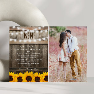 Rustikale Sonnenblumen-Lichterkette Foto-Hochzeit Einladung