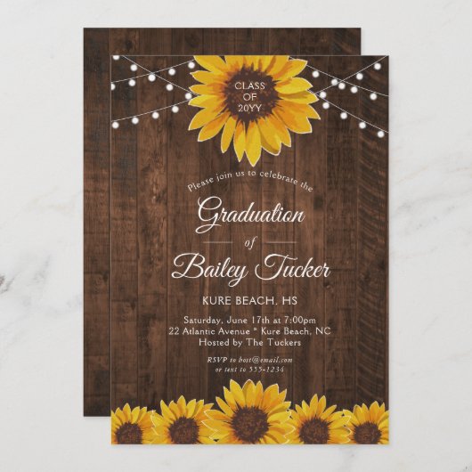 Rustikale Sonnenblumen Lights Holod Graduation Par Einladung (Vorne/Hinten)