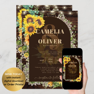 Rustikale Sonnenblumen Lights Lace Arch Wedding Einladung